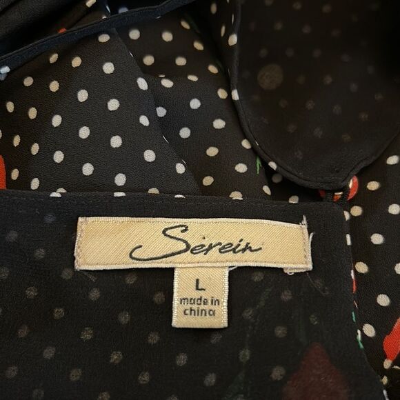 Serein black white polka dot red rose blouse Size L - Picture 7 of 10